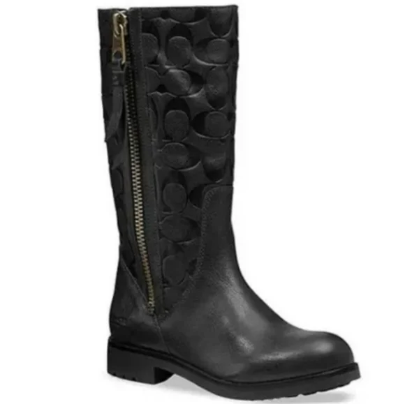 Coach Valentine Embossed Signature C Logo Black Leather Chunky Heel Zip Mid Boot - Picture 1 of 9